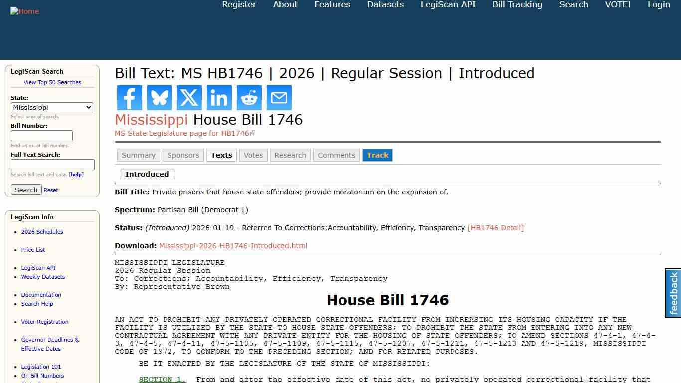 Bill Text: MS HB1746 2026 Regular Session Introduced LegiScan