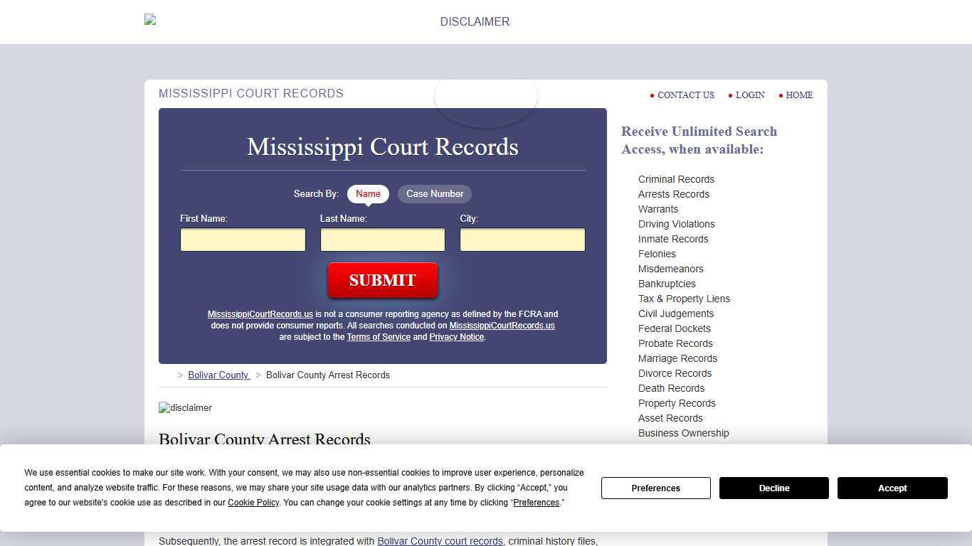 Bolivar County Arrest Records MississippiCourtRecords.us